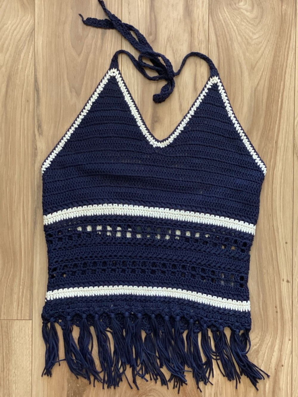 Lovemarks Navy Crochet Fringe Halter Top with Cream Trim Size Small